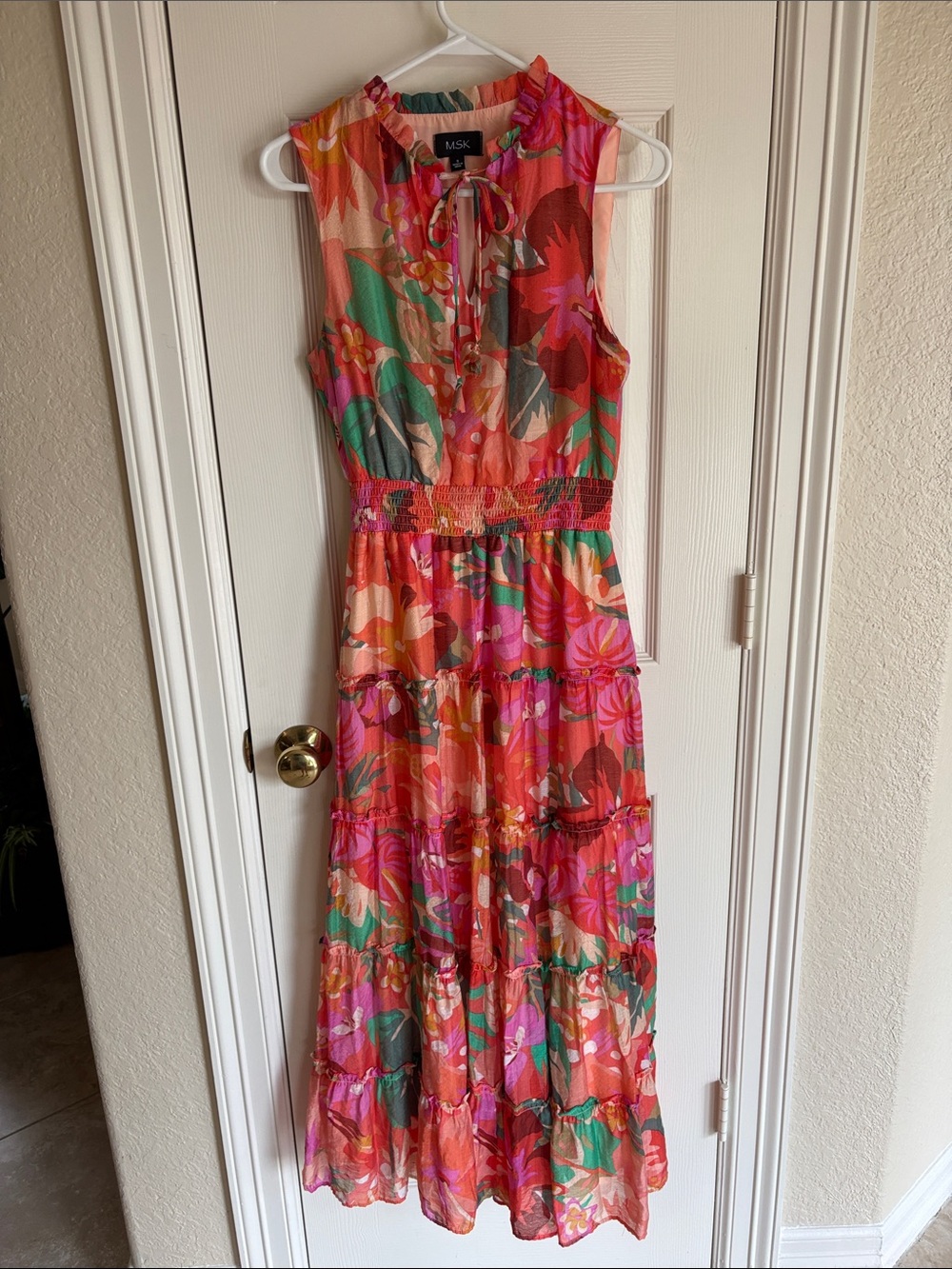 MSK Coral-Pink Floral Tiered Maxi Dress with Green Accents